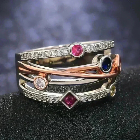 Gorgeous 14k Rose Gold Sterling Silver Diamond Multi Precious Stone Ring - Picture 7 of 8